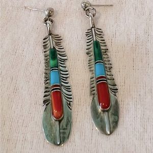 Sterling silver and stone Southwest feather earrings